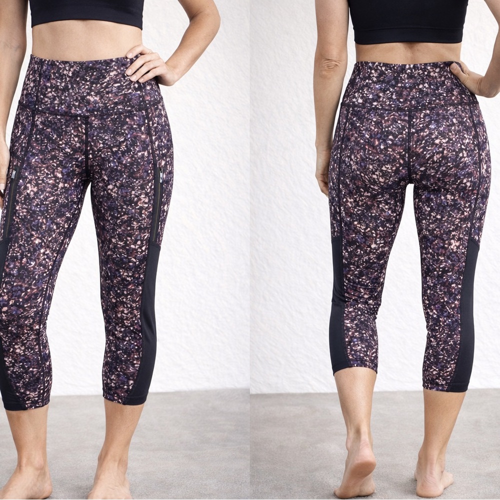 Athleta Black and Purple Floral Leggings